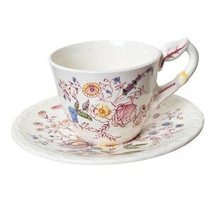 Vernon Kilns Vintage Floral Teacup Saucer Set Hand-Painted Made In USA
